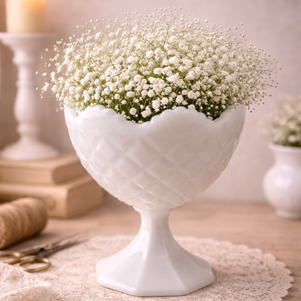 Napco White‎ Milk Glass Diamond Quilted/Scalloped Edge Pattern Vase/Bowl/Dish